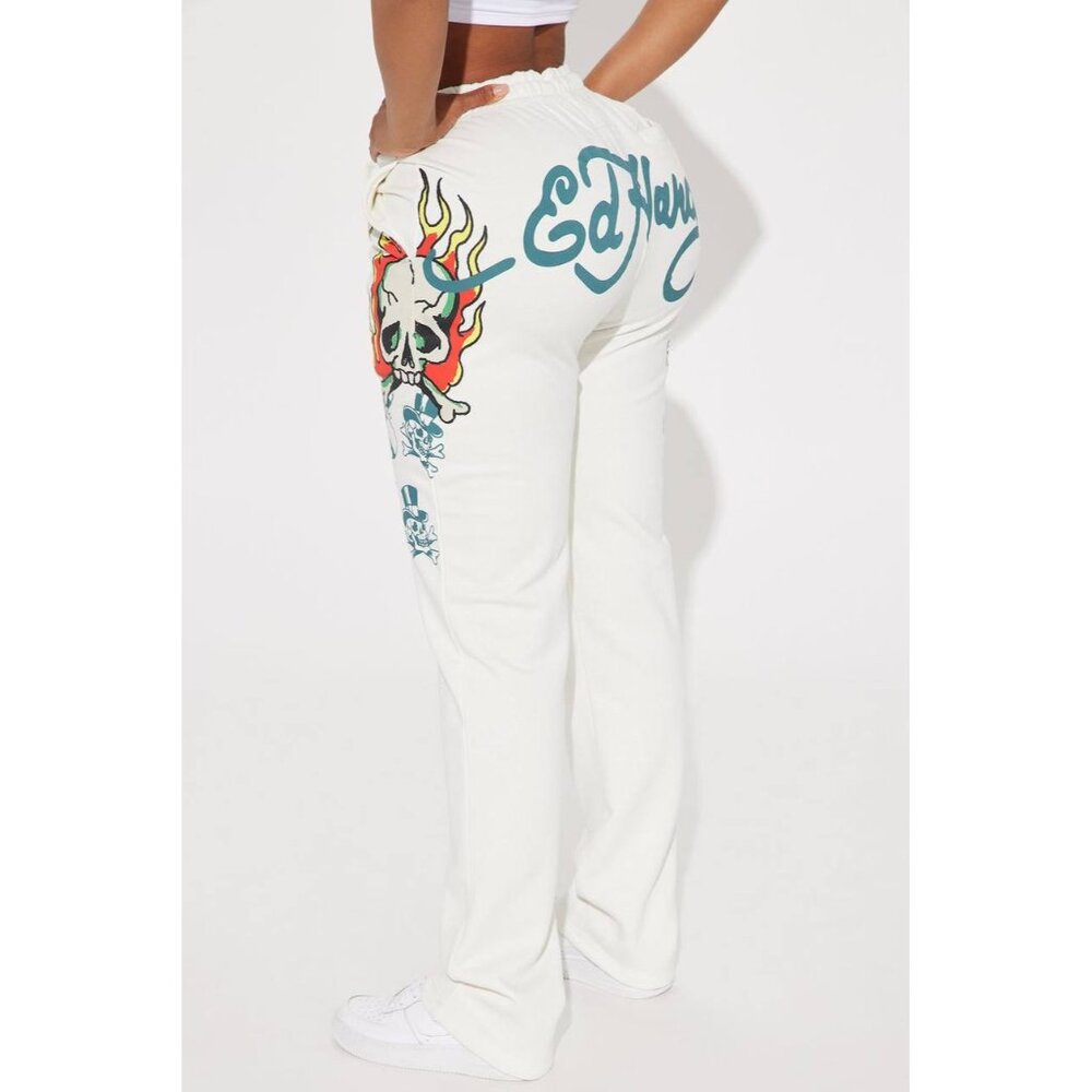 NWT ED HARDY IVORY FLAME SKULL WIDE LEG SWEATPANTS WOMENS SIZE XL